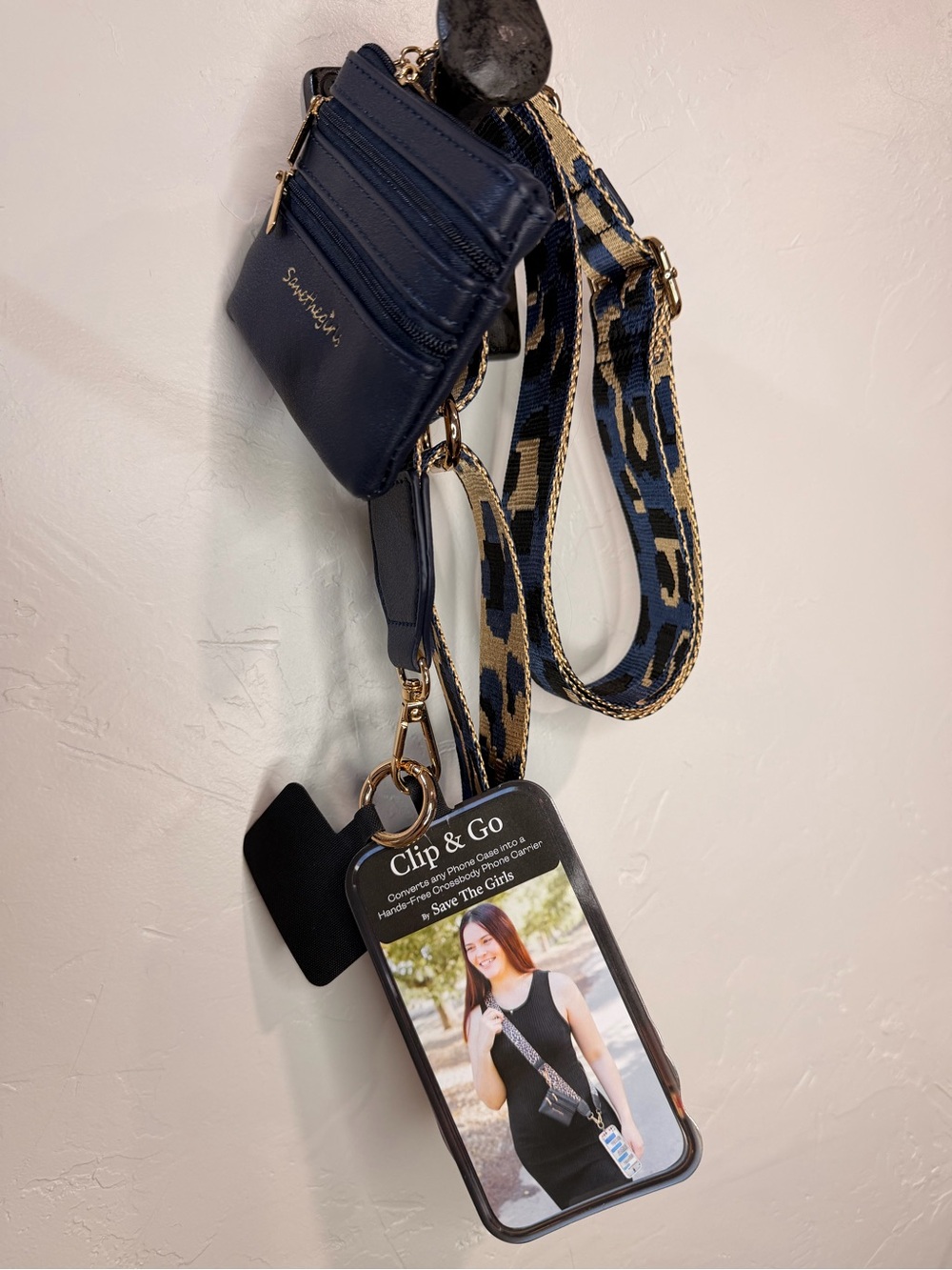 Save the Girls Clip & Go 3 in 1 Phone Strap & Pouch Leopard Navy Brown & Tan NWT